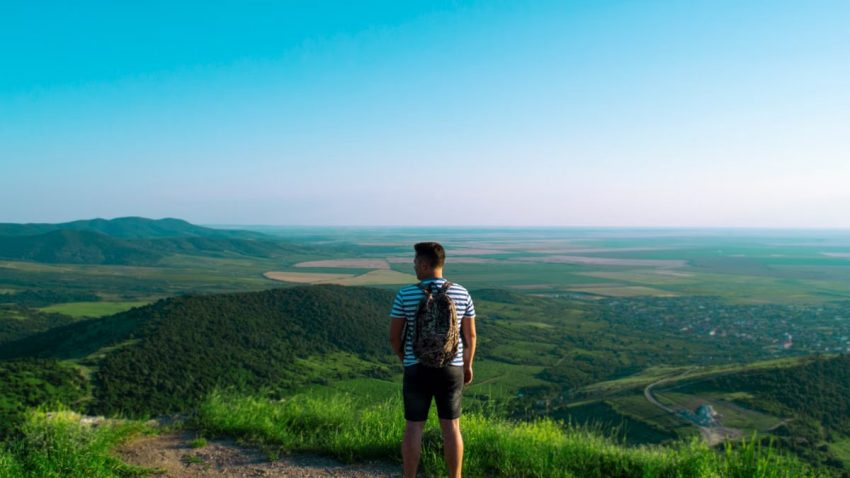 A man stands on a hilltop, overlooking a vast green landscape under a clear blue sky.